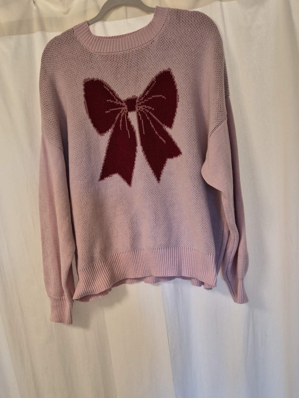 Eloquii Light Pink Sweater with Burgundy Bow Intarsia